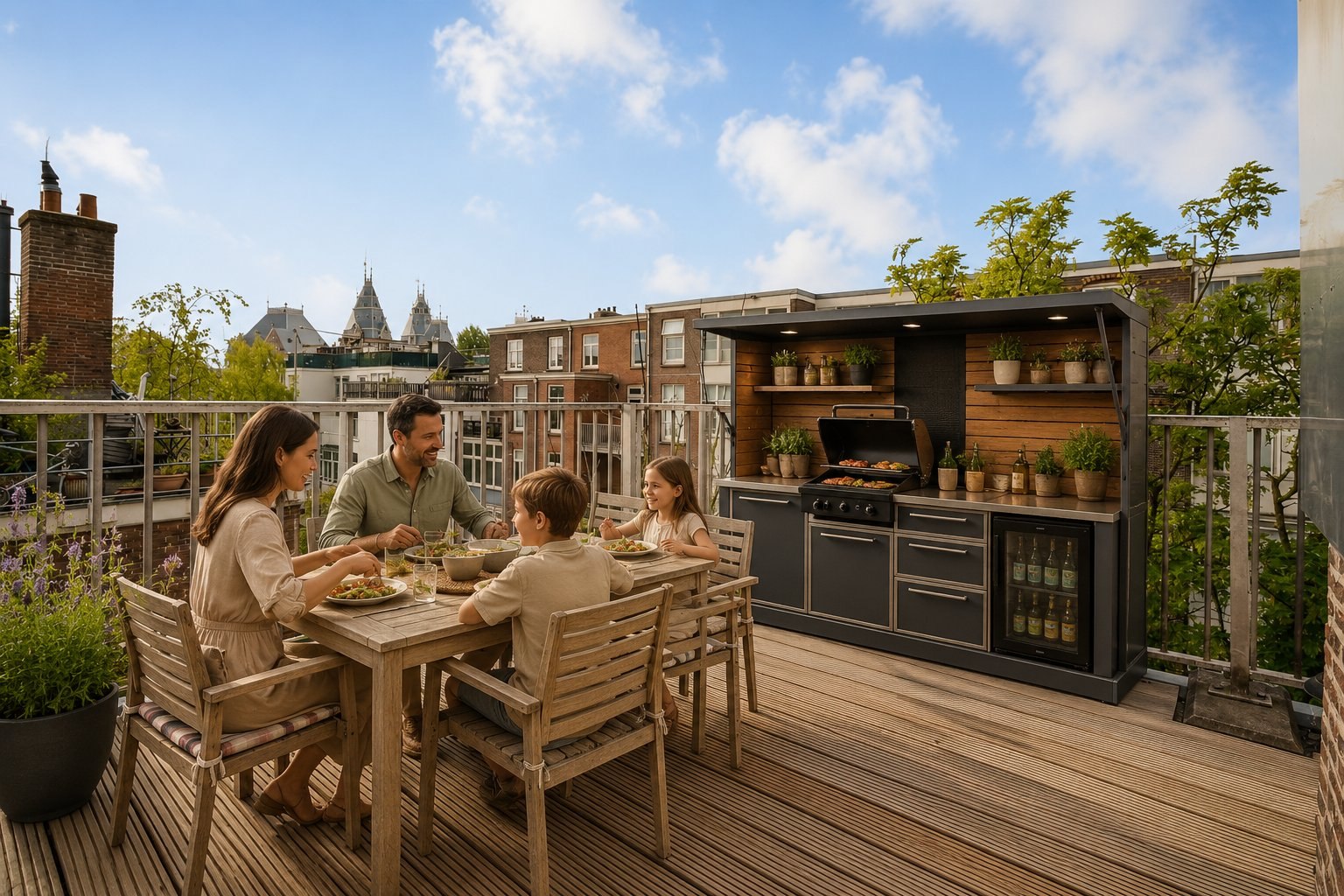 Sfeervolle LED-verlichting onder de kap van de buitenkeuken